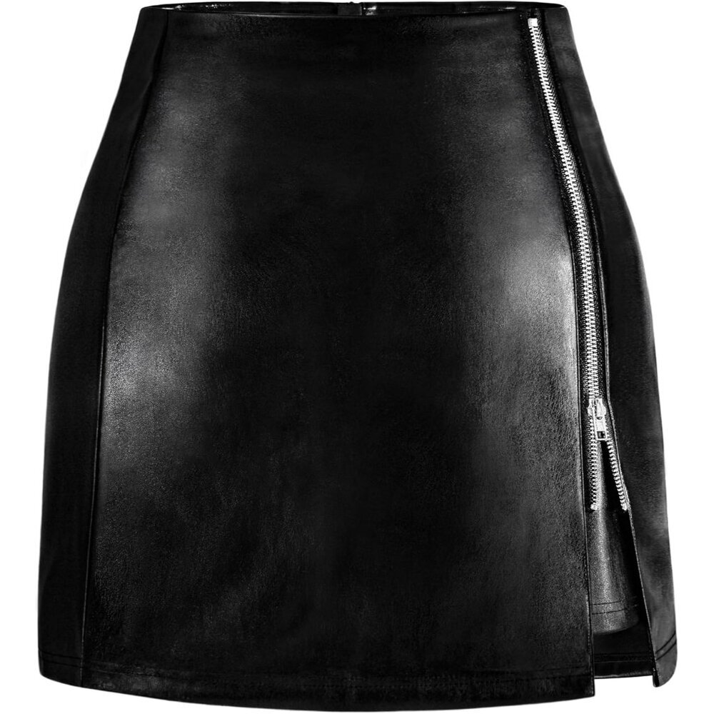 Women's Black 1 Faux Leather High Waisted Stretchy Zipper Slit Mini Pencil Skirt